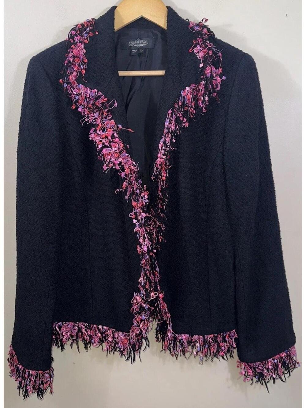 Peck & Peck Women’s Knit Black Sweater Cardigan W/ Fringe Trim Long Sleeve Sz 12